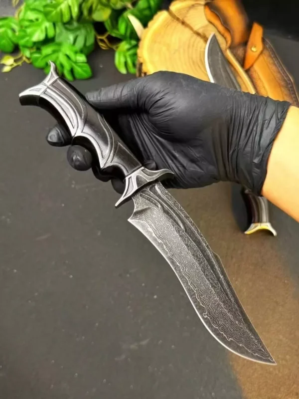 Handmade Damascus Steel Hunting Knife with Black Fixed Blade and Ebony Handle - HikingElements