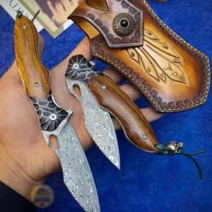 Japanese Damascus Steel Folding Knife with Wood Handle and Leather Sheath - HikingElements