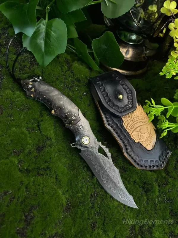Japanese Damascus Steel Pocket Knife by HikingElements - Carbon Fiber Folding Tool.
