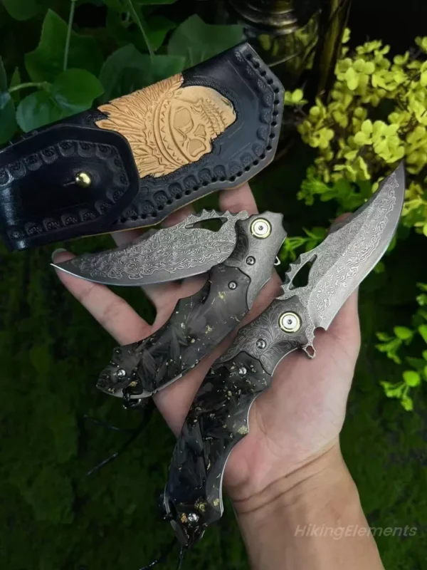 Japanese Damascus Steel Pocket Knife by HikingElements - Carbon Fiber Folding Tool.