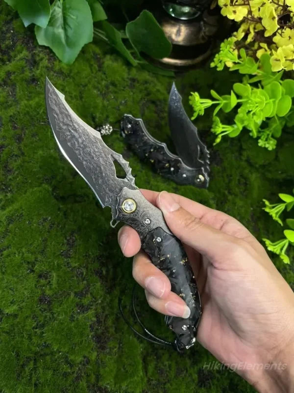 Japanese Damascus Steel Pocket Knife by HikingElements - Carbon Fiber Folding Tool.