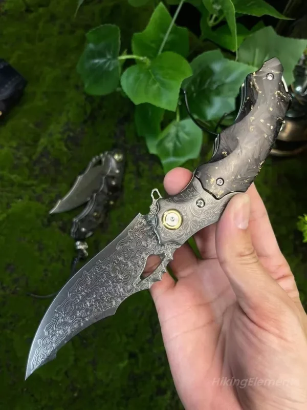 Japanese Damascus Steel Pocket Knife by HikingElements - Carbon Fiber Folding Tool.