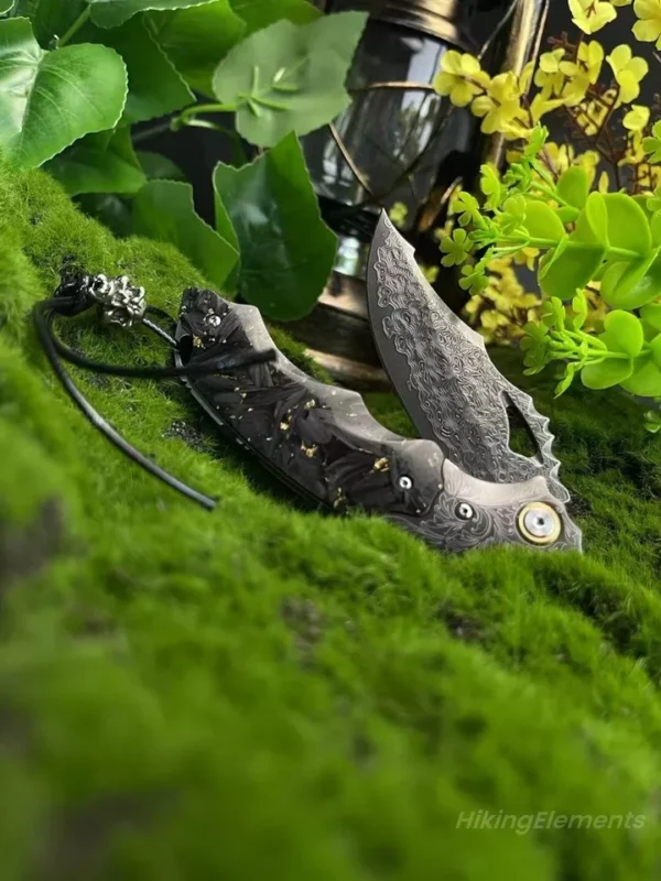 Japanese Damascus Steel Pocket Knife by HikingElements - Carbon Fiber Folding Tool.