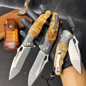 HikingElements M390 Blade Folding Knife with Ball Bearing, Titanium Clip, and Wood Handle