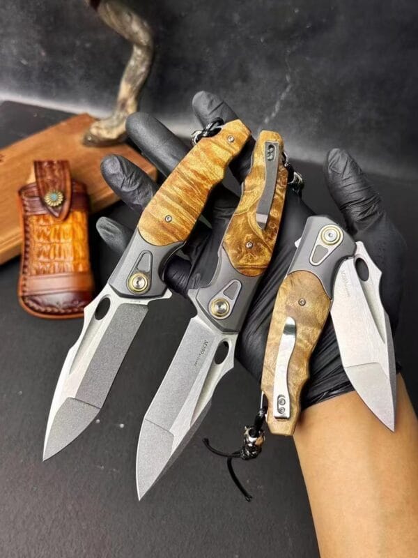 HikingElements M390 Blade Folding Knife with Ball Bearing, Titanium Clip, and Wood Handle