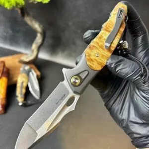 HikingElements M390 Blade Folding Knife with Ball Bearing, Titanium Clip, and Wood Handle