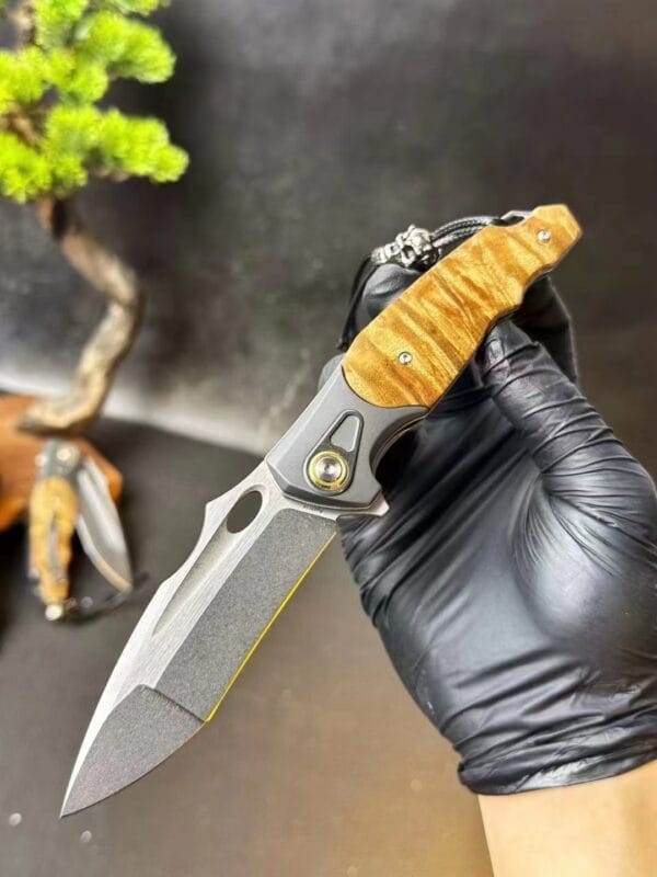 HikingElements M390 Blade Folding Knife with Ball Bearing, Titanium Clip, and Wood Handle