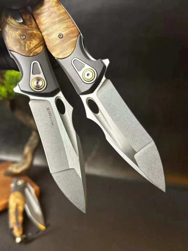 HikingElements M390 Blade Folding Knife with Ball Bearing, Titanium Clip, and Wood Handle
