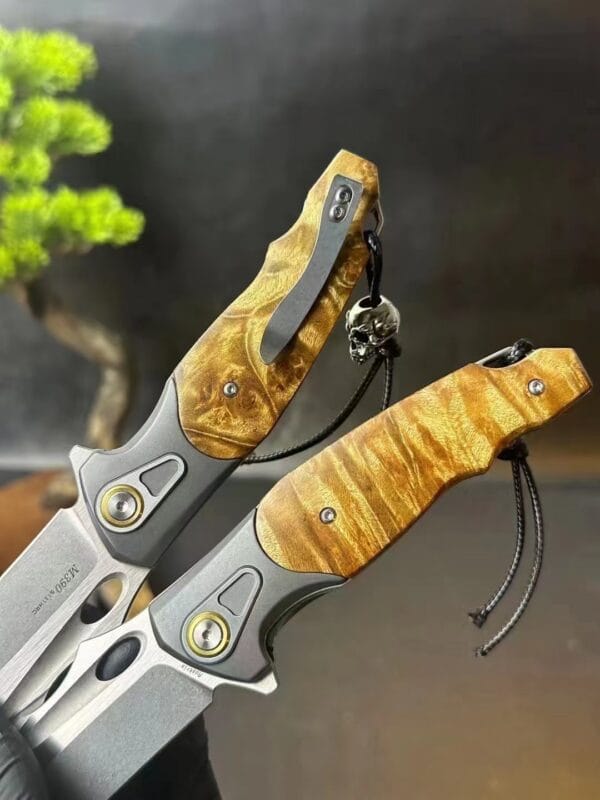 HikingElements M390 Blade Folding Knife with Ball Bearing, Titanium Clip, and Wood Handle