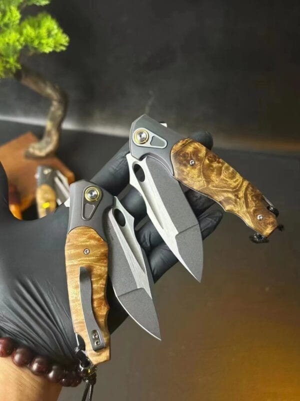 HikingElements M390 Blade Folding Knife with Ball Bearing, Titanium Clip, and Wood Handle