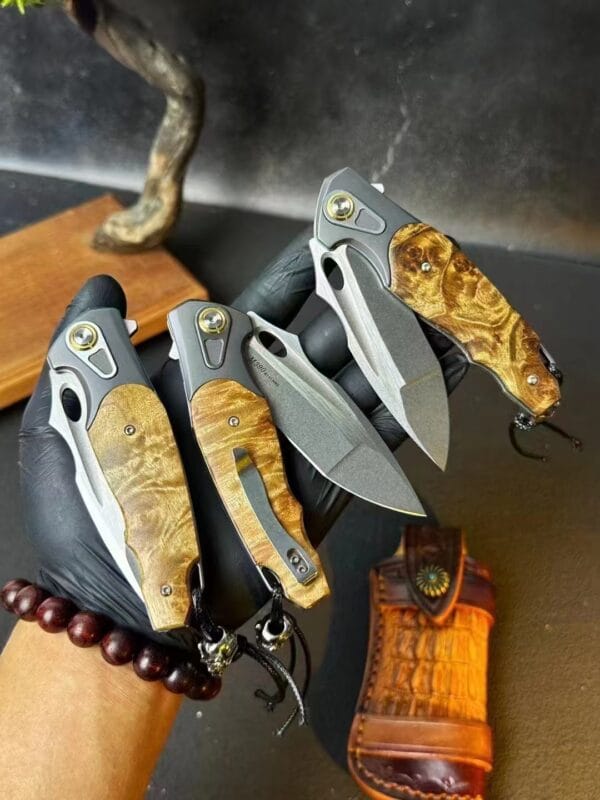 HikingElements M390 Blade Folding Knife with Ball Bearing, Titanium Clip, and Wood Handle