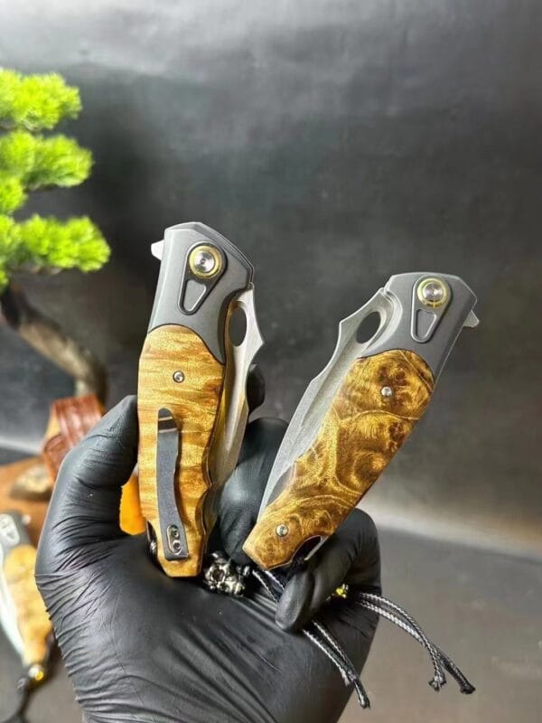 HikingElements M390 Blade Folding Knife with Ball Bearing, Titanium Clip, and Wood Handle