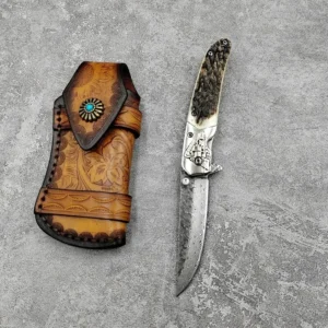 Handmade Damascus Steel Folding Knife by HikingElements - Antler Handle Hunting Tool.
