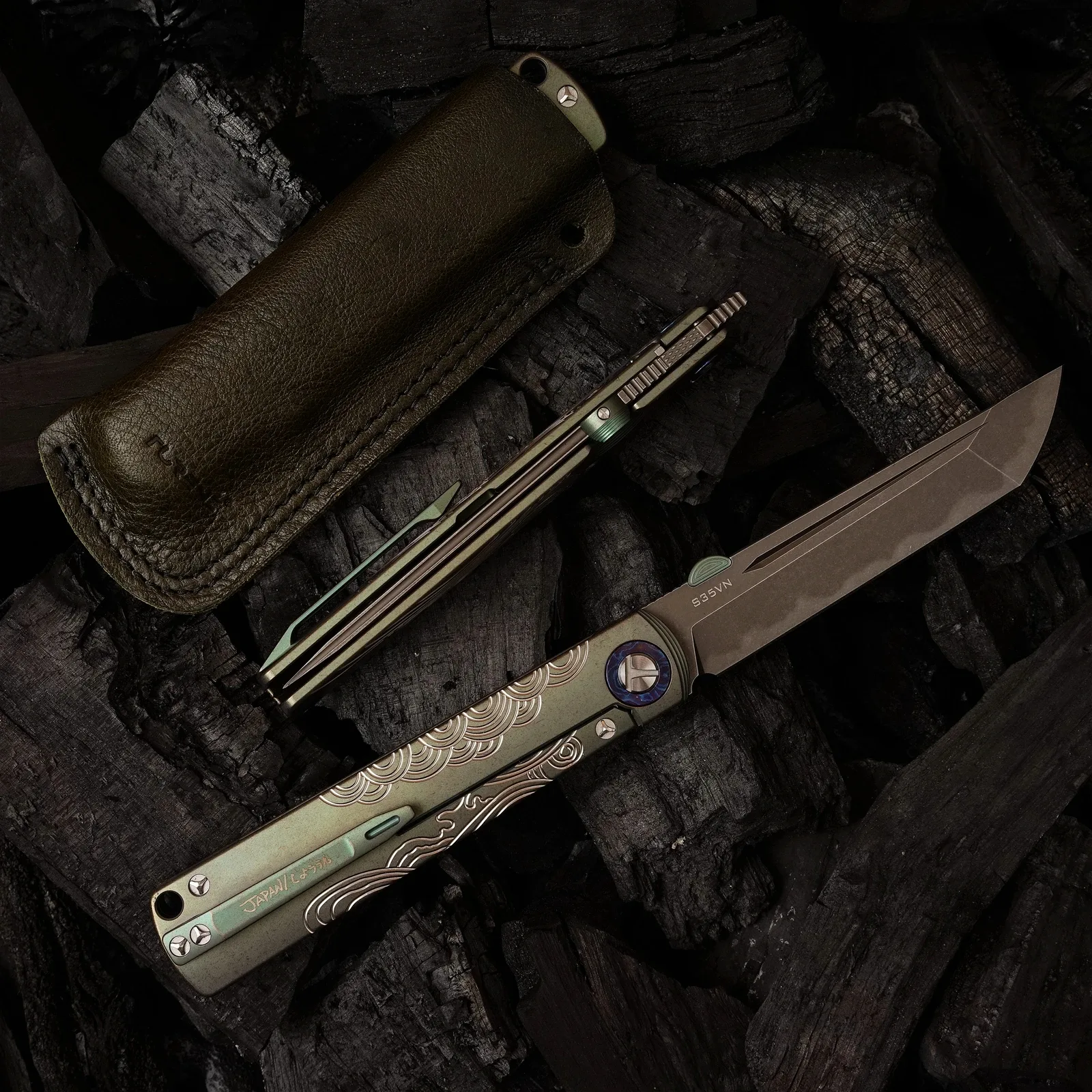TC4 Titanium Alloy Handle Folding Knife by HikingElements - CPM-S35VN Steel.