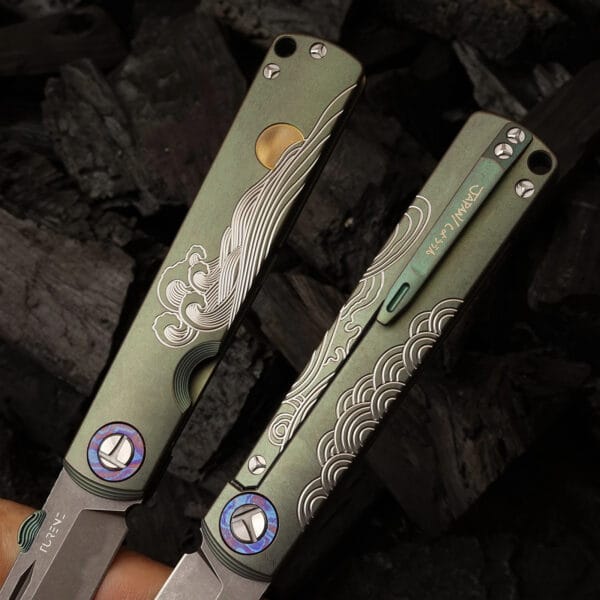 TC4 Titanium Alloy Handle Folding Knife by HikingElements - CPM-S35VN Steel.