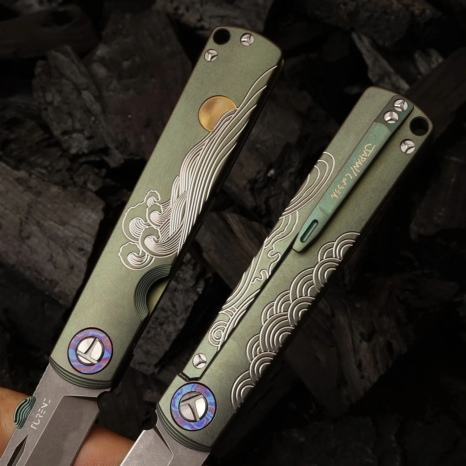 TC4 Titanium Alloy Handle Folding Knife by HikingElements - CPM-S35VN Steel.