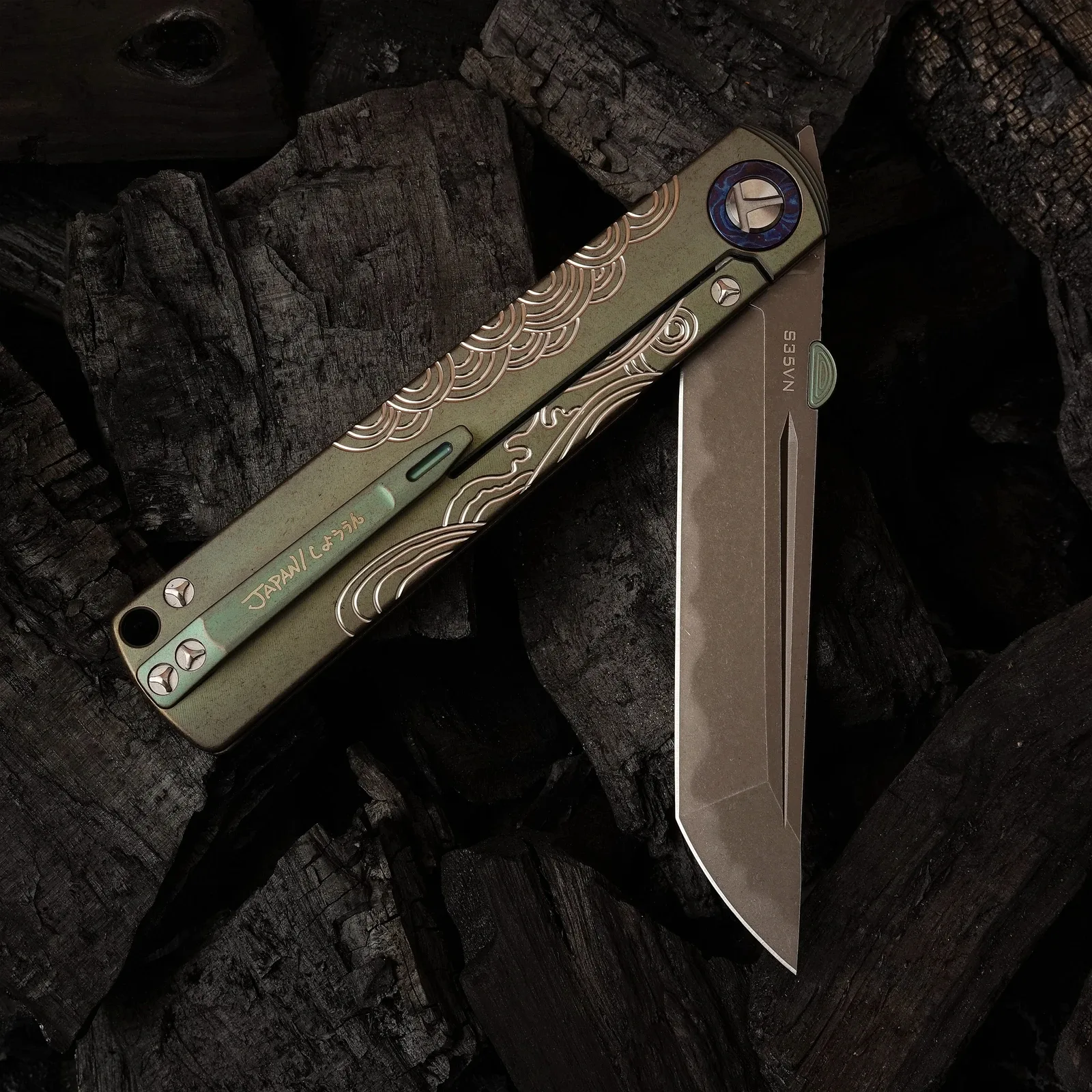 TC4 Titanium Alloy Handle Folding Knife by HikingElements - CPM-S35VN Steel.