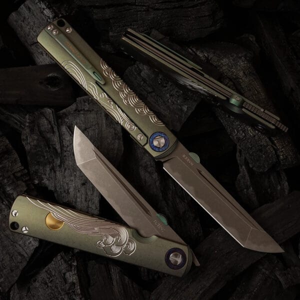 TC4 Titanium Alloy Handle Folding Knife by HikingElements - CPM-S35VN Steel.