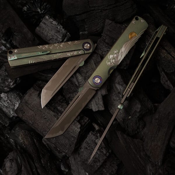 TC4 Titanium Alloy Handle Folding Knife by HikingElements - CPM-S35VN Steel.