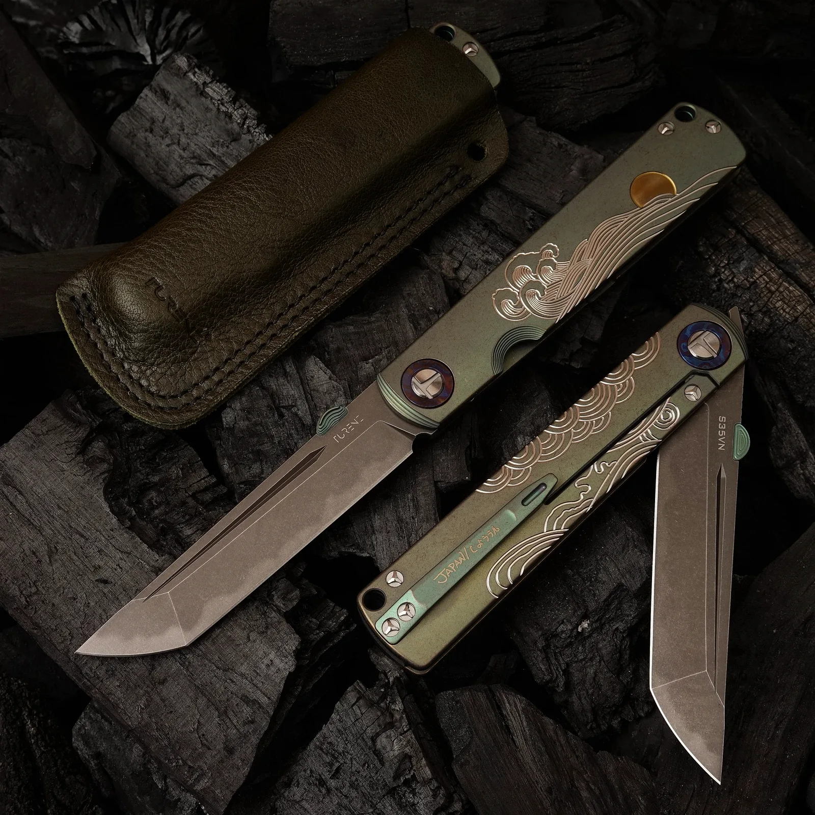 TC4 Titanium Alloy Handle Folding Knife by HikingElements - CPM-S35VN Steel.