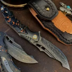 VG10 Damascus Steel Folding Knife - Tactical Survival Blade with Leather Sheath