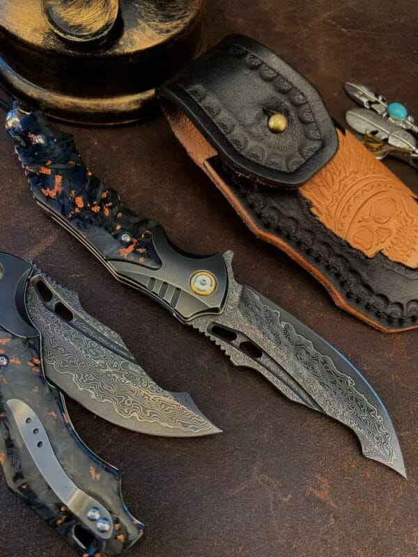 VG10 Damascus Steel Folding Knife - Tactical Survival Blade with Leather Sheath