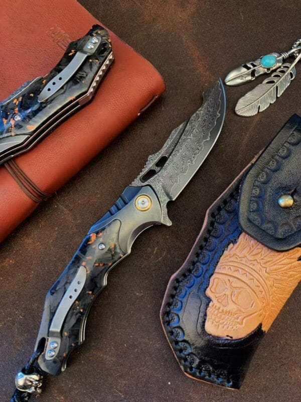 VG10 Damascus Steel Folding Knife - Tactical Survival Blade with Leather Sheath - Image 3
