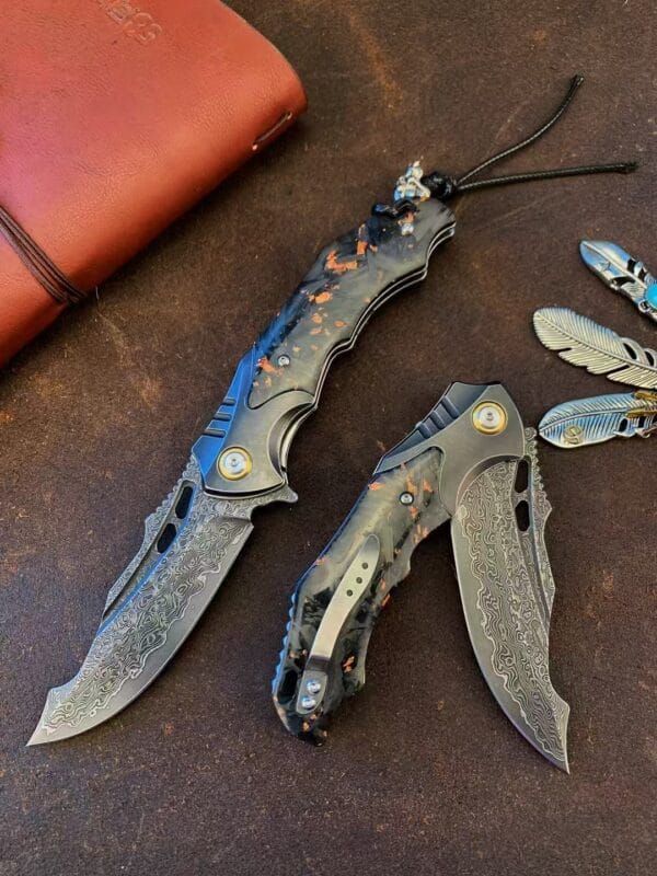 VG10 Damascus Steel Folding Knife - Tactical Survival Blade with Leather Sheath - Image 4