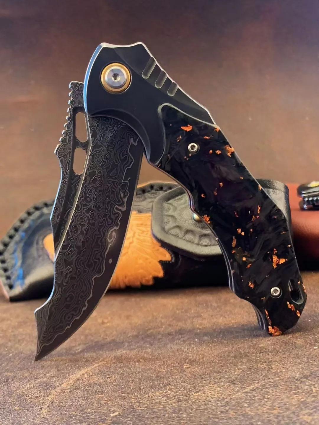 VG10 Damascus Steel Folding Knife - Tactical Survival Blade with Leather Sheath - Image 5