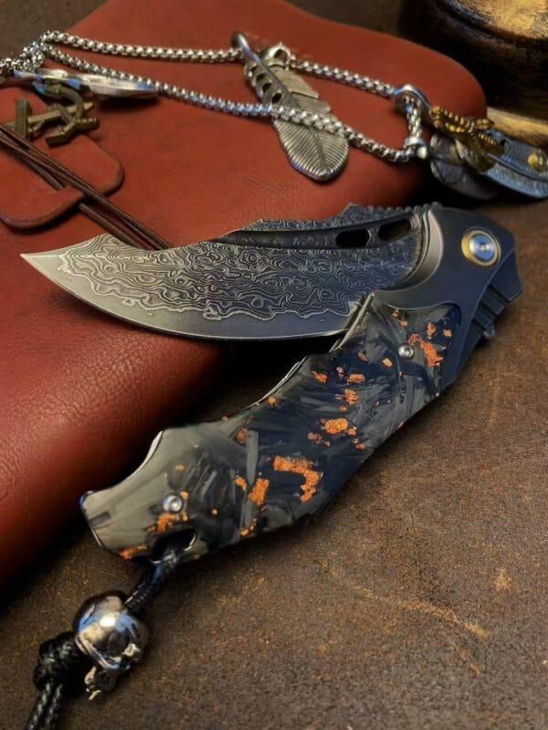 VG10 Damascus Steel Folding Knife - Tactical Survival Blade with Leather Sheath - Image 6