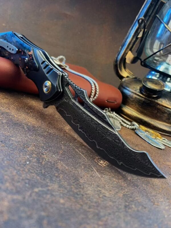 VG10 Damascus Steel Folding Knife - Tactical Survival Blade with Leather Sheath - Image 7