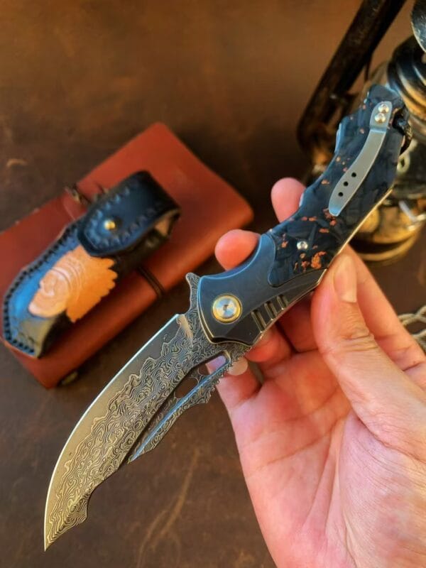 VG10 Damascus Steel Folding Knife - Tactical Survival Blade with Leather Sheath - Image 8