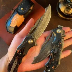 VG10 Damascus Steel Folding Knife - Tactical Survival Blade with Leather Sheath
