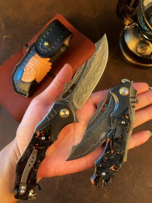 VG10 Damascus Steel Folding Knife - Tactical Survival Blade with Leather Sheath