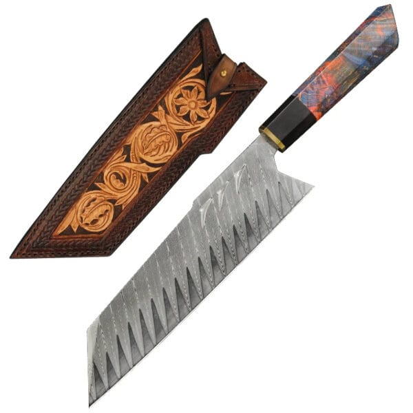 Handmade 8" Damascus steel Santoku knife with ebony handle and leather sheath - Hikingelements