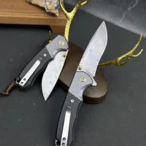87-Layer Damascus Steel Folding Knife with Push-Button Lock and Linen Handle - HikingElements