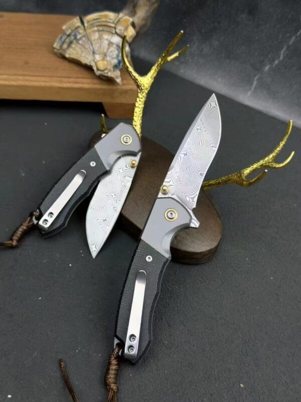 87-Layer Damascus Steel Folding Knife with Push-Button Lock and Linen Handle - HikingElements