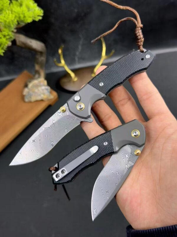 87-Layer Damascus Steel Folding Knife with Push-Button Lock and Linen Handle - HikingElements