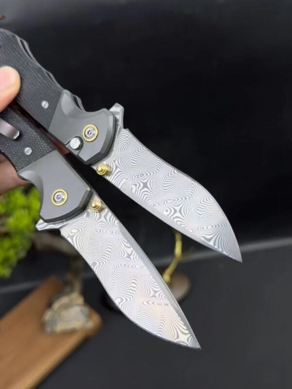 87-Layer Damascus Steel Folding Knife with Push-Button Lock and Linen Handle - HikingElements