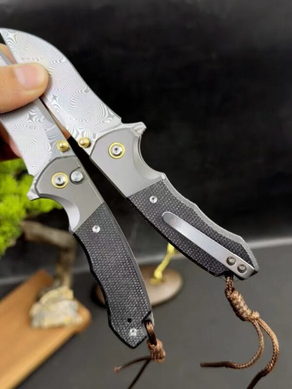 87-Layer Damascus Steel Folding Knife with Push-Button Lock and Linen Handle - HikingElements