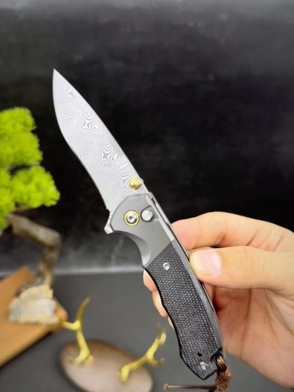 87-Layer Damascus Steel Folding Knife with Push-Button Lock and Linen Handle - HikingElements