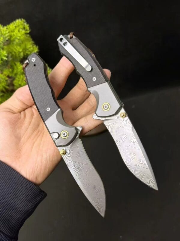 87-Layer Damascus Steel Folding Knife with Push-Button Lock and Linen Handle - HikingElements
