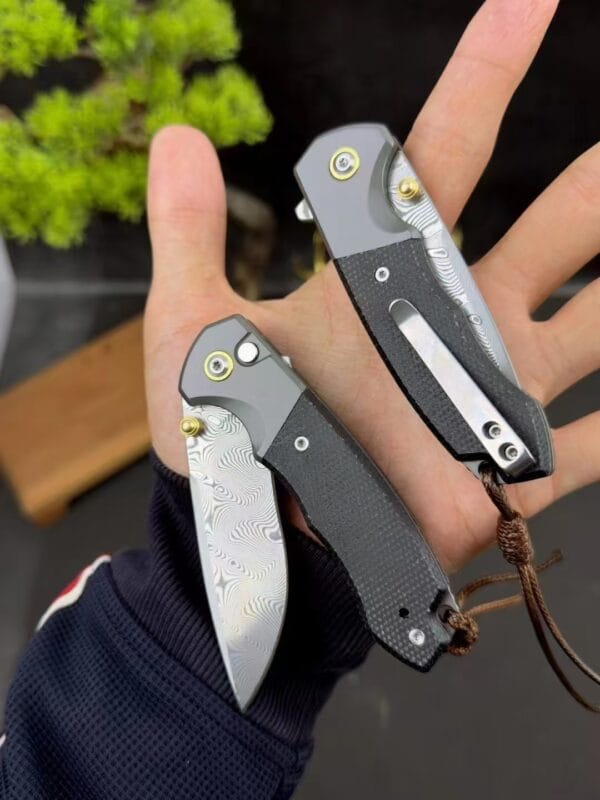 87-Layer Damascus Steel Folding Knife with Push-Button Lock and Linen Handle - HikingElements