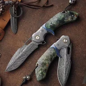 Damascus Feather Blade Folding Knife with Premium Handle - HikingElements
