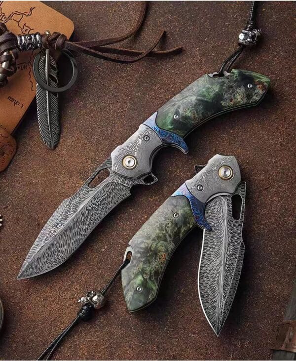 Damascus Feather Blade Folding Knife with Premium Handle - HikingElements