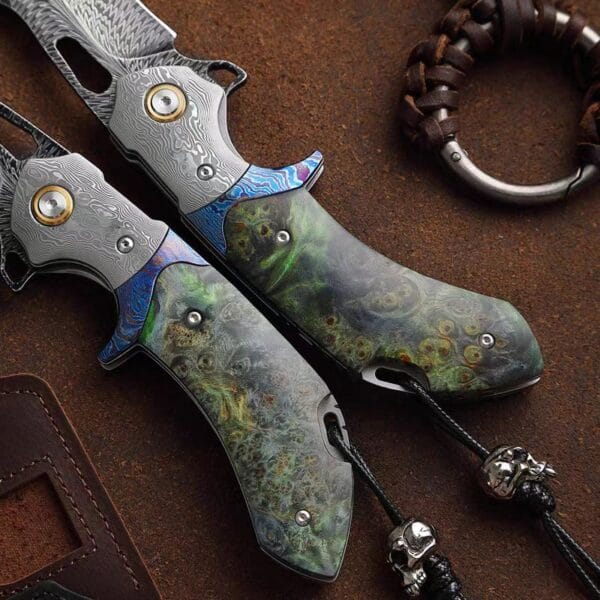 Damascus Feather Blade Folding Knife with Premium Handle - HikingElements