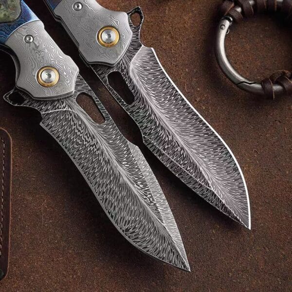 Damascus Feather Blade Folding Knife with Premium Handle - HikingElements