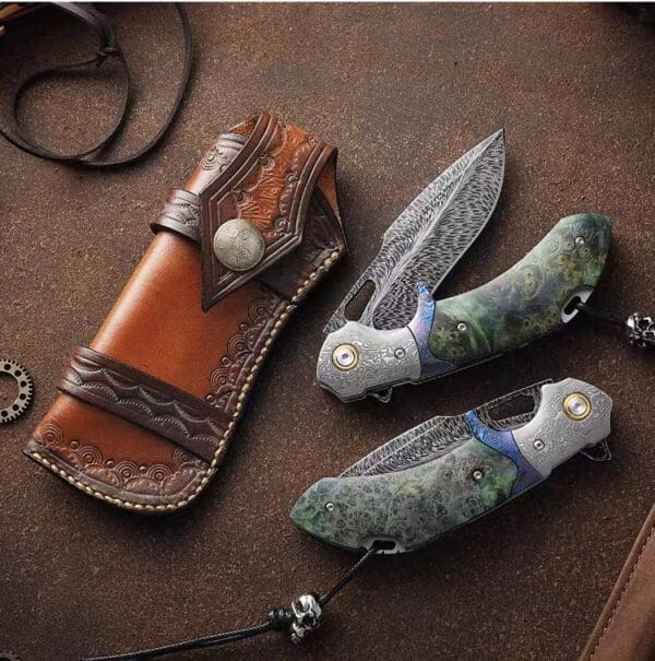 Damascus Feather Blade Folding Knife with Premium Handle - HikingElements