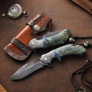 Damascus Feather Blade Folding Knife with Premium Handle - HikingElements