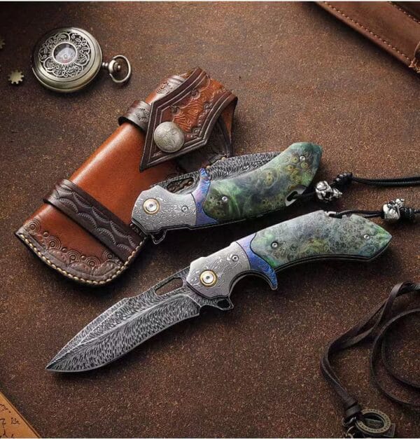 Damascus Feather Blade Folding Knife with Premium Handle - HikingElements